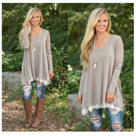 Tops - KENZI LACE HEM RUFFLE LONG SLEEVE TUNIC OATMEAL